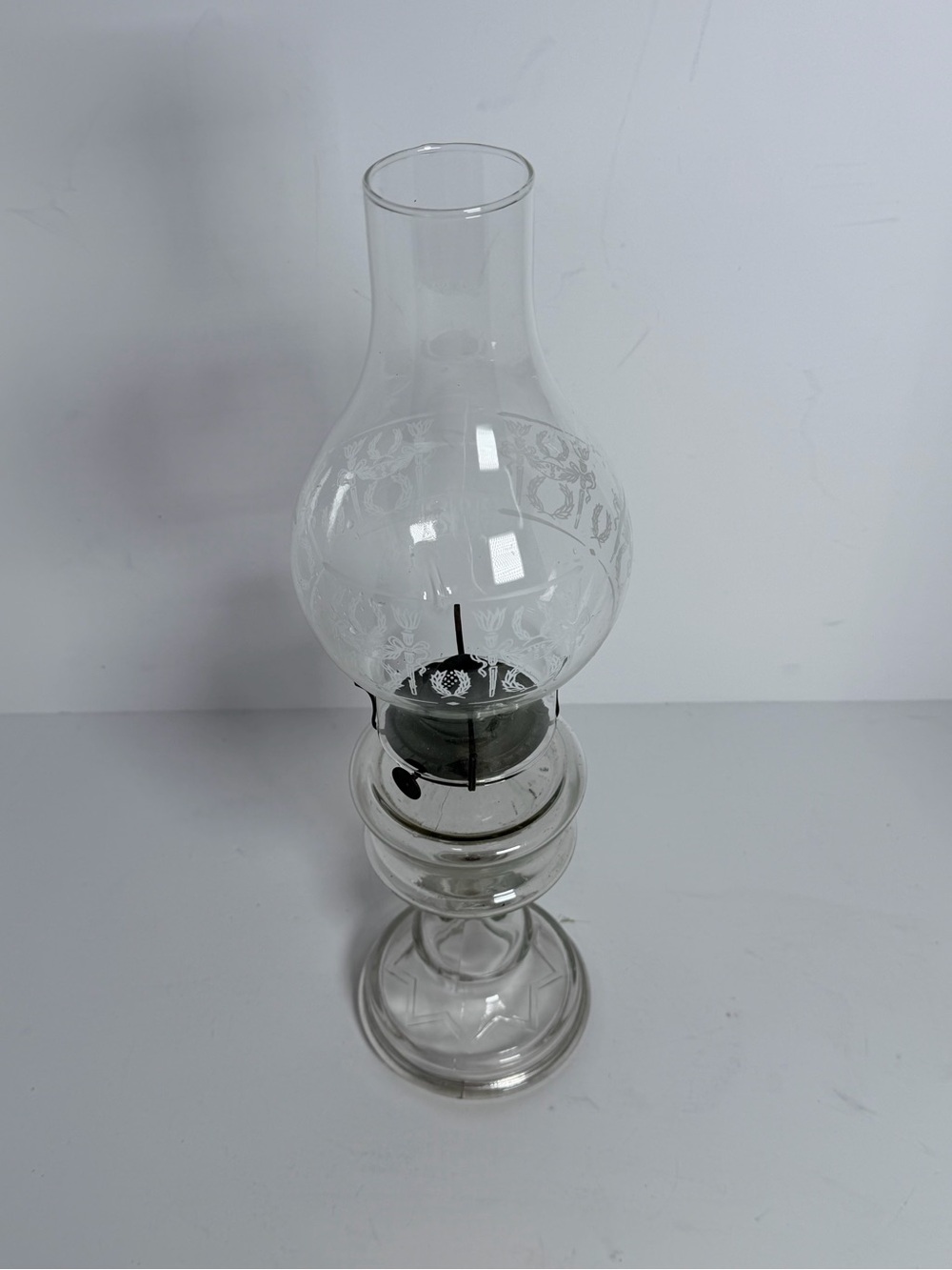 Vintage Clear Glass Pedestal Oil Lamp with Etched Chimney – 17" Tall